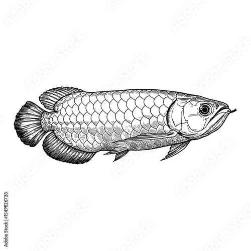 A Majestic Long Arowana Fish Side View Black and White Outline Line Art Drawing Detail