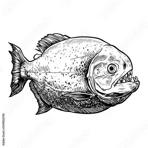 Aggressive Piranha Fish Side View Black and White Outline Line Art Drawing Engraved Style Wild Animal