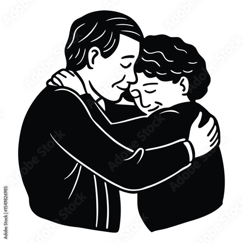 A father and son embrace with warmth and affection in a loving hug