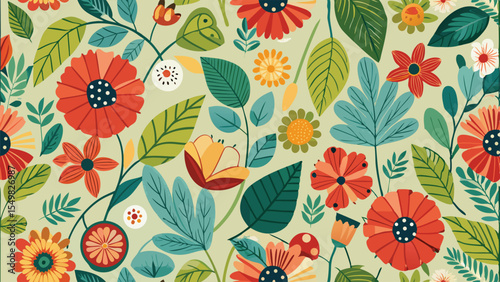 Colorful seamless pattern of cartoon flowers with happy faces leaves and dots on beige background
