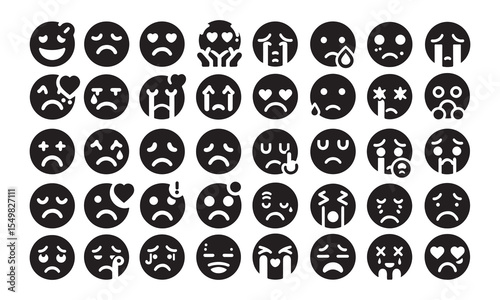 Set of sad emoji silhouette icon simple emotion, feeling, expressing symbols vector illustration 