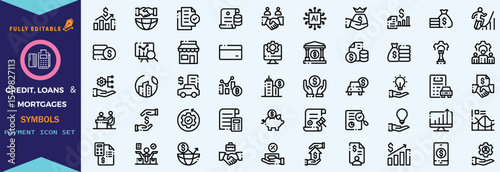 Credit, Loans and Mortgages web icons in outline style. Credit card, deposit, car leasing, rate interest, calculator, income, rating, collection. Editable stroke outline icon
