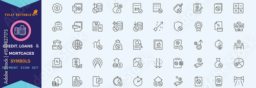 Credit, Loans and Mortgages web icons in outline style. Credit card, deposit, car leasing, rate interest, calculator, income, rating, collection. Editable stroke outline icon