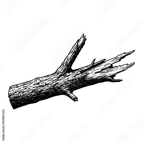 A Broken Tree Branch with Jagged Splintered Ends Black and White Outline Line Art Drawing Isolated Object