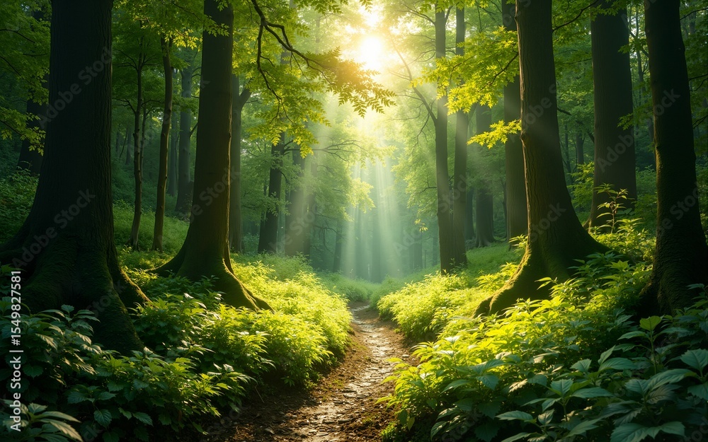 Fototapeta premium A lush, sun-dappled forest floor. High quality