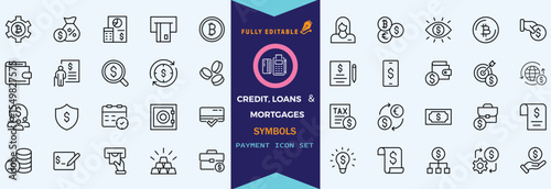 Credit, Loans and Mortgages web icons in outline style. Credit card, deposit, car leasing, rate interest, calculator, income, rating, collection. Editable stroke outline icon