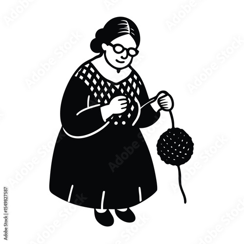 Smiling elderly woman with glasses knitting with yarn and needles