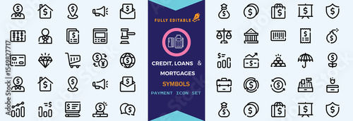 Credit, Loans and Mortgages web icons in outline style. Credit card, deposit, car leasing, rate interest, calculator, income, rating, collection. Editable stroke outline icon
