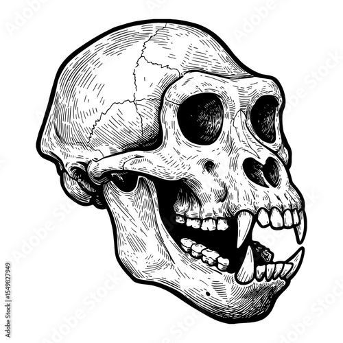 Detailed Gorilla Skeleton Skull Head Only Side View Black and White Outline Line Art Drawing