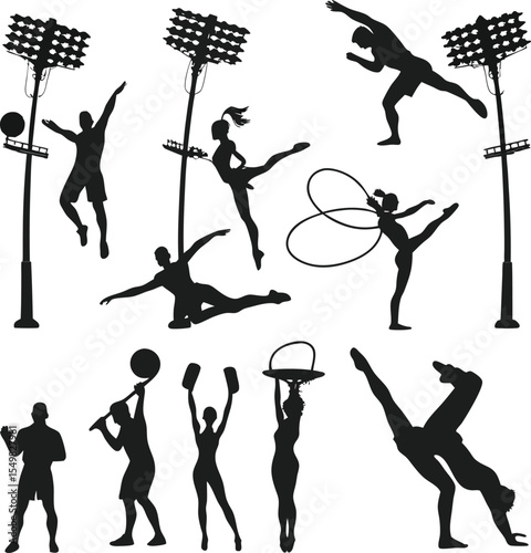 Black silhouette illustrations of various sports and performing arts figures showcasing athletic prowess and graceful movement in action