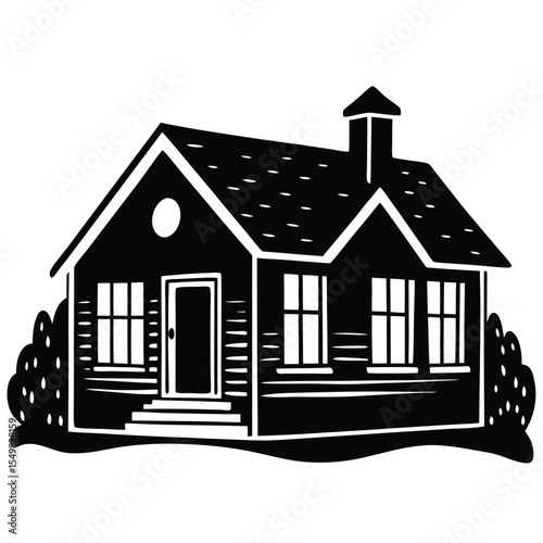 Simple black and white illustration of a charming house with a pitched roof and chimney