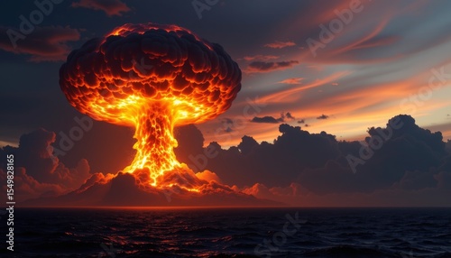 a dramatic nighttime scene with a large explosion erupting over the ocean, casting an intense glow in the surrounding sky