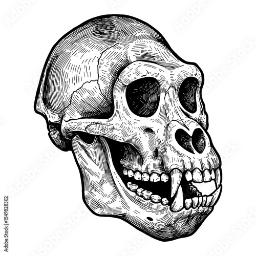 Detailed Gorilla Ape Skeleton Skull Head Only Black and White Outline Line Art Drawing Vintage Engraving