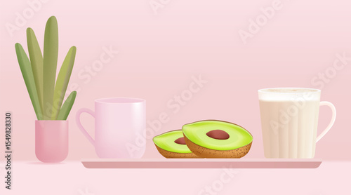 Minimal breakfast with avocado and coffee on pink background.