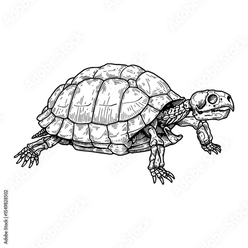 Detailed Tortoise Skeleton Black and White Outline Line Art Drawing Illustrating Reptile Anatomy