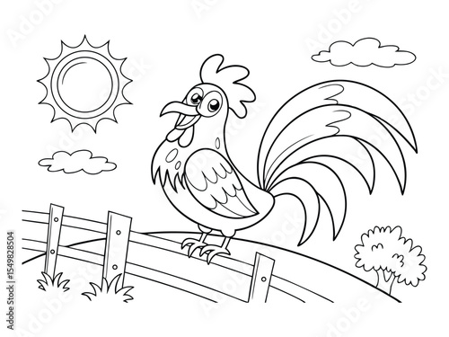 Rooster is sitting on the fence. Cartoon cock. Black and white vector illustration for kids' coloring book
