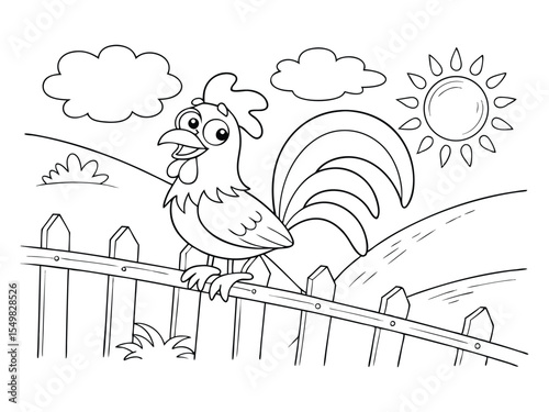 Rooster is sitting on the fence. Cartoon cock. Black and white vector illustration for kids' coloring book