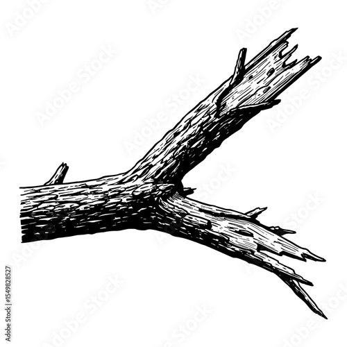 A Broken Tree Branch with Splintered Wood Texture Isolated Black and White Outline Line Art Drawing