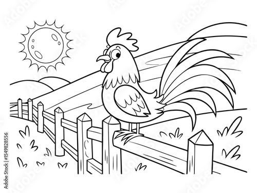 Rooster is sitting on the fence. Cartoon cock. Black and white vector illustration for kids' coloring book