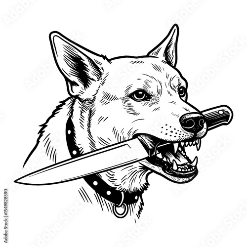 Angry Dog Head with Open Mouth Biting a Sharp Knife in Its Mouth Black and White Outline Line Art Drawing