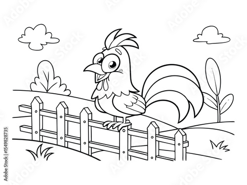 Rooster is sitting on the fence. Cartoon cock. Black and white vector illustration for kids' coloring book