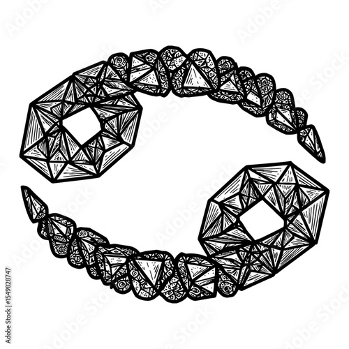 Detailed Cancer Zodiac Symbol Made of Diamond Shapes Black and White Outline Line Art Drawing