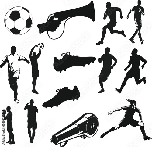 Collection of soccer silhouettes including players football cleats megaphone and soccer ball in minimalist black and white style for sport designs