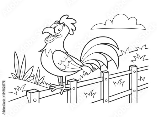 Rooster is sitting on the fence. Cartoon cock. Black and white vector illustration for kids' coloring book