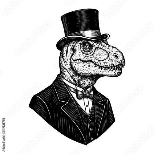 Dinosaur Wearing Vintage Suit and Top Hat Elegant Portrait Black and White Outline Line Art Drawing