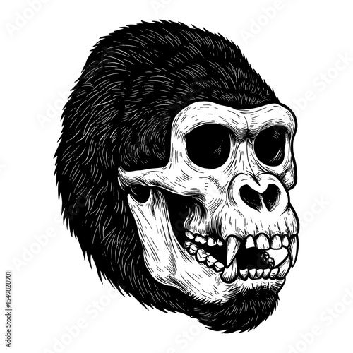 Detailed Gorilla Skull and Head Composite Artistic Black and White Outline Line Art Drawing