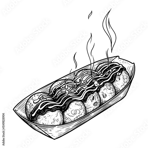 Hot Takoyakis with Smoke Steaming Japanese Street Food in Tray Black and White Outline Line Art Drawing