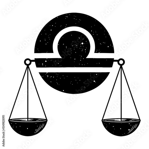 Detailed Astrology Libra Zodiac Symbol with Cosmic Stars Double Exposure Black and White Outline Line Art Drawing