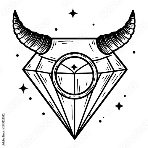 Minimalist Taurus Detailed Symbol Made of Diamond Black and White Outline Line Art Drawing