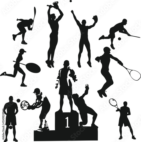Collection of sport silhouette illustrations featuring athletes in action celebrating victory and representing various competitive sports