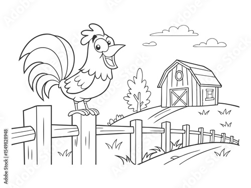 Rooster is sitting on the fence. Cartoon cock. Black and white vector illustration for kids' coloring book