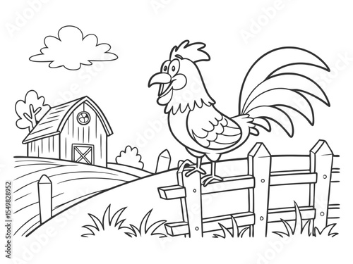 Rooster is sitting on the fence. Cartoon cock. Black and white vector illustration for kids' coloring book