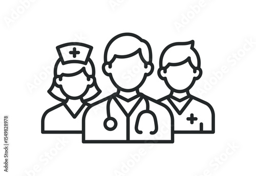 Simple line art icon representing a medical team of doctor and nurses