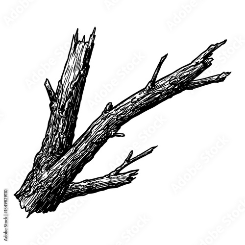 A broken tree branch showing texture and detail Black and White Outline Line Art Drawing vintage style isolated object