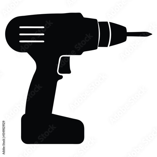 Black silhouette of a cordless power drill with a drill bit extended