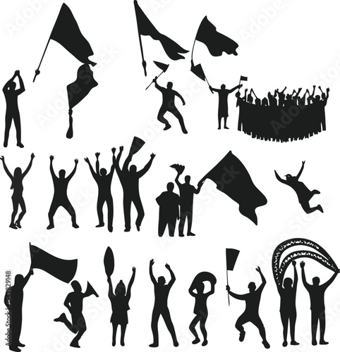 Crowd silhouettes celebrating with flags cheering demonstrating unity and victory expressing support and enthusiasm for an event or cause