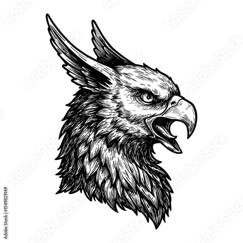 Detailed Mythological Griffin Creature Head Portrait Roaring Side View Black and White Outline Line Art Drawing