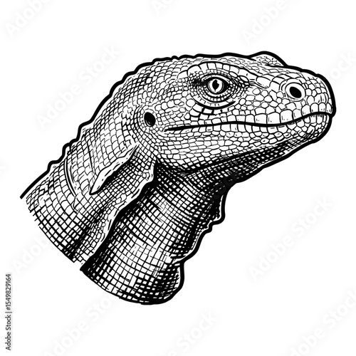 Detailed Komodo Dragon Head Portrait Reptile Black and White Outline Line Art Drawing Engraved Style