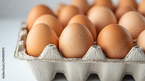 Brown chicken eggs in open carton isolated on clean white background