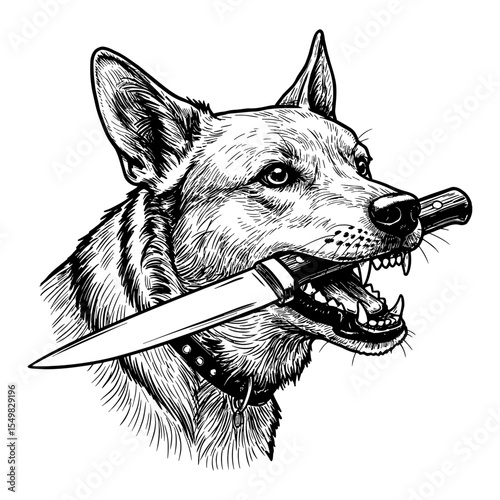 Angry Canine Dog Biting Sharp Knife in its Open Mouth Black and White Outline Line Art Drawing