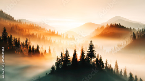 Majestic sunrise over misty mountains with silhouettes of evergreen trees creating a serene and tranquil natural landscape scene