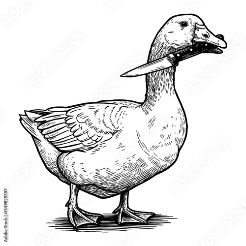 Aggressive Goose with Sharp Knife in its Mouth Black and White Outline Line Art Drawing Engraving