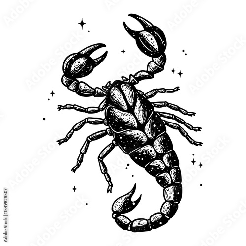 Scorpio Zodiac Symbol Cosmic Stars Double Exposure Black and White Outline Line Art Drawing