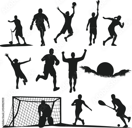 Collection of silhouetted figures performing various sports activities including golf basketball football and hurling