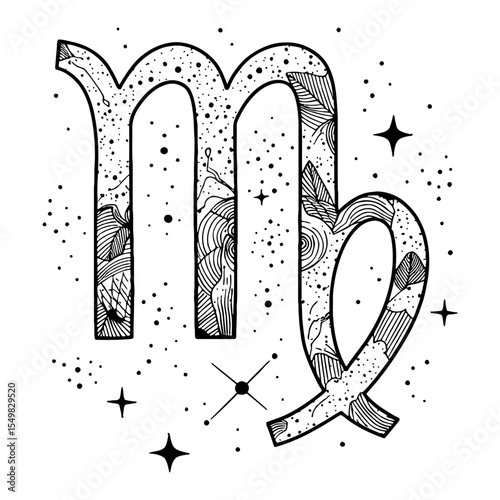 Virgo Zodiac Symbol with Cosmic Stars Double Exposure Abstract Black and White Outline Line Art Drawing