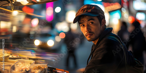 Asian Male Portrait, Night Street Scene, City Lights, Bokeh Photography, Moody Lighting, Urban Life, People Image